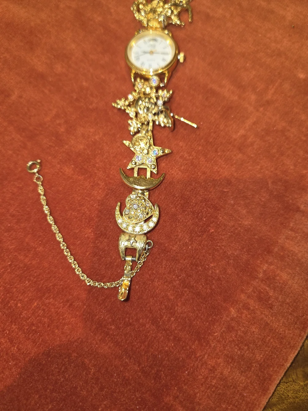 NWB VTG Kirks Folly Sun Stars Moon Fairy Gold-Tone Charm Bracelet Watch